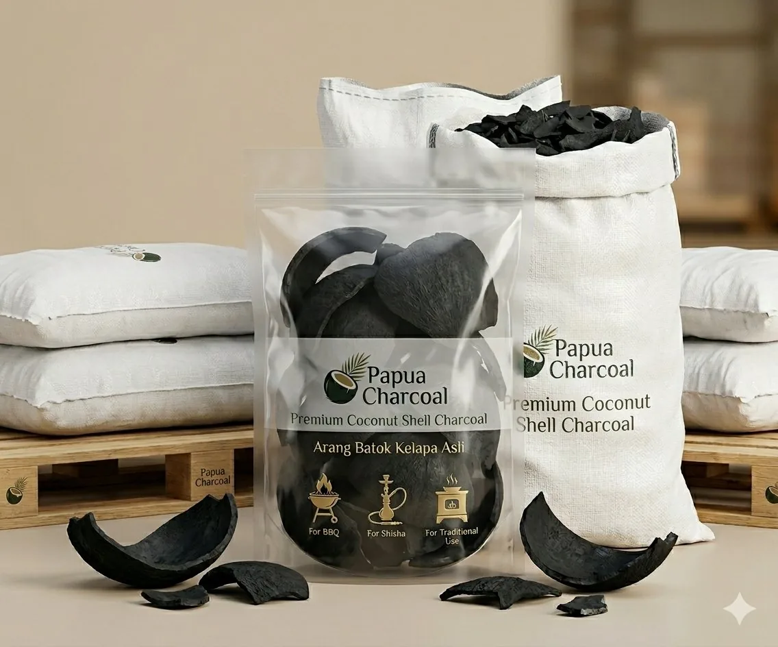 Papua Charcoal — premium coconut shell charcoal in transparent export pouch and woven sacks