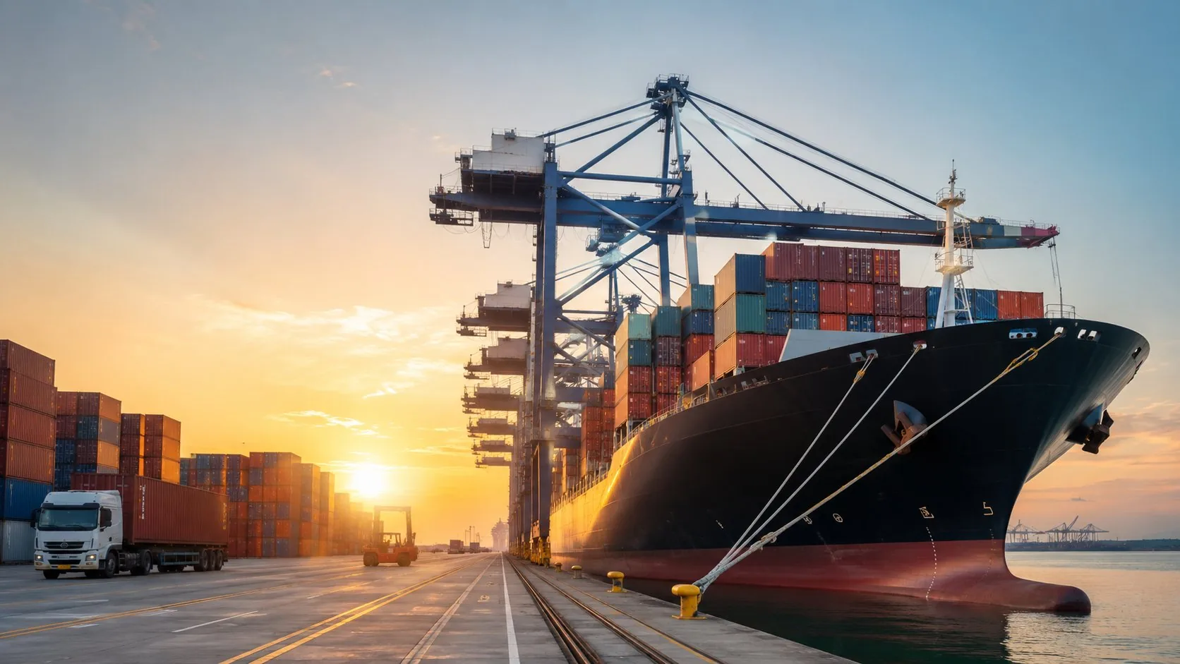 Container ship loading at an export port at sunset