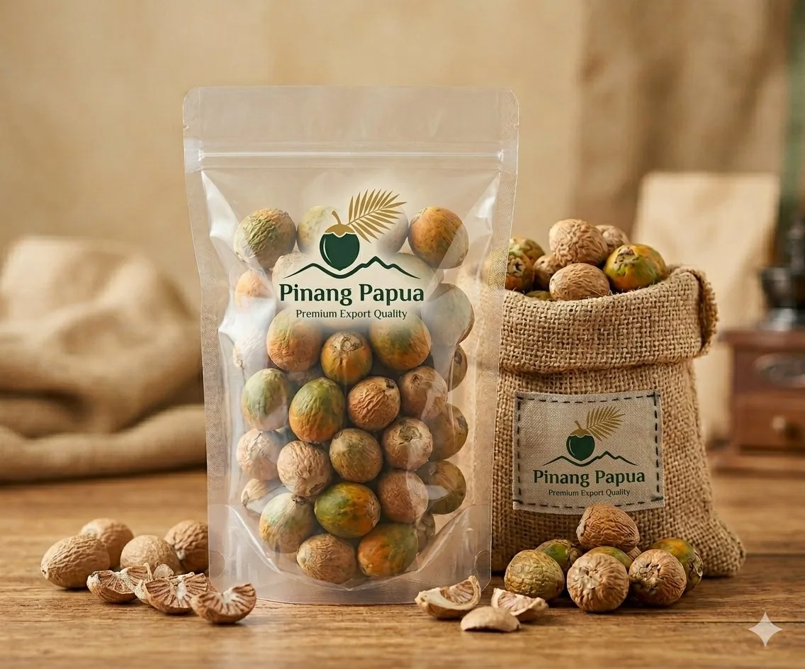 Pinang Papua — premium Papua areca nut in transparent pouch and jute sack packaging