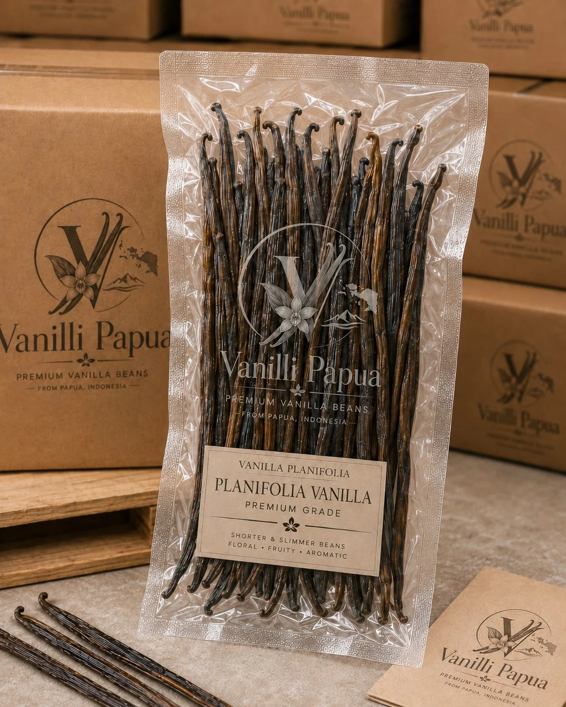 Vanilli Papua Planifolia — premium grade gourmet vanilla beans in sealed branded packaging